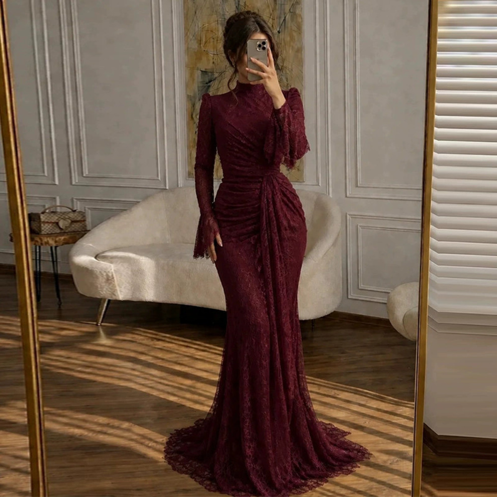 Forever 21 Elegant Deep Red Mock Neck Lace Bodycon Maxi Dress